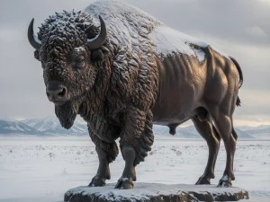 Bronze bison statue with windblown fur standing on snowy prairie landscape.