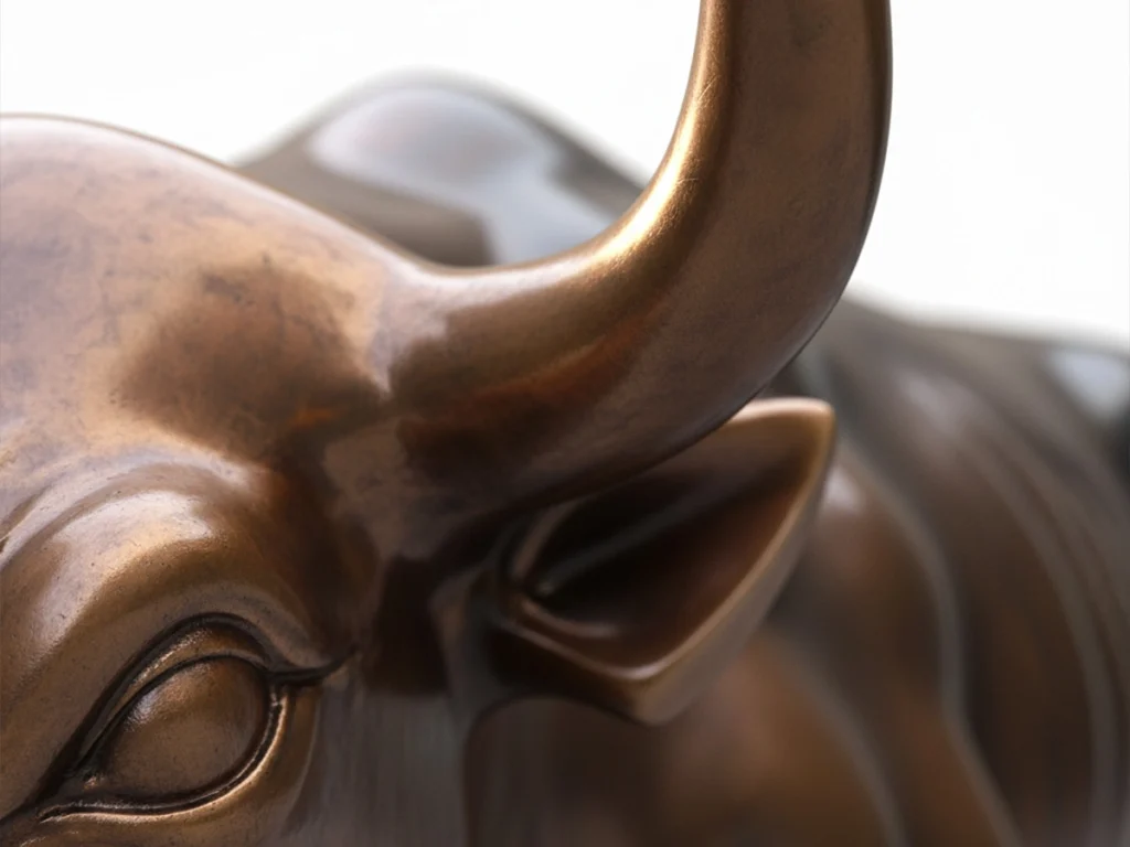 Close up detail of bronze bull statue horn showing 3mm rounded safety edge for public plaza installation
