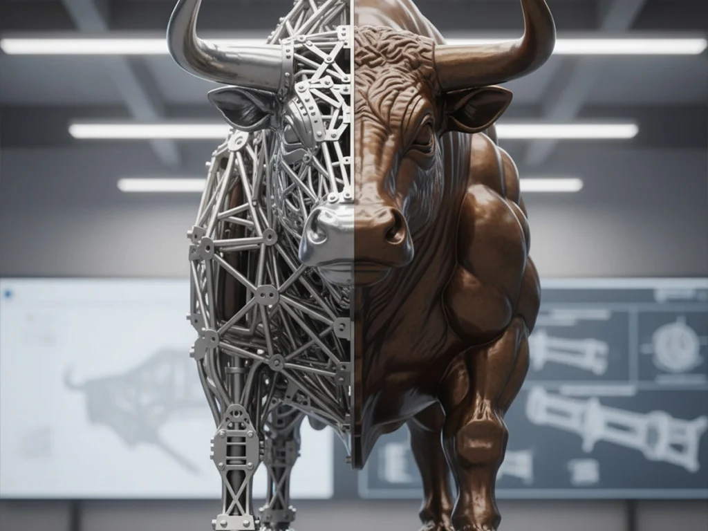 Half section bronze bull statue showing internal stainless steel double truss reinforcement engineering structure
