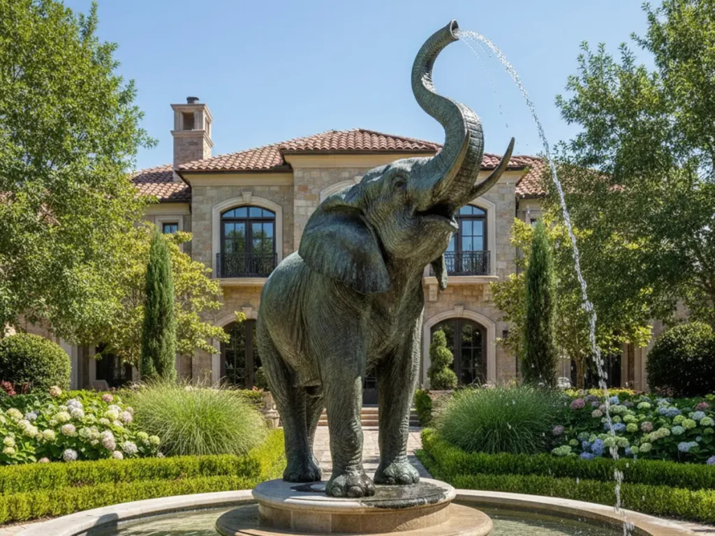 Bronze elephant fountain spraying water upward from its trunk into a stone basin, symbolizing prosperity in a landscaped garden.