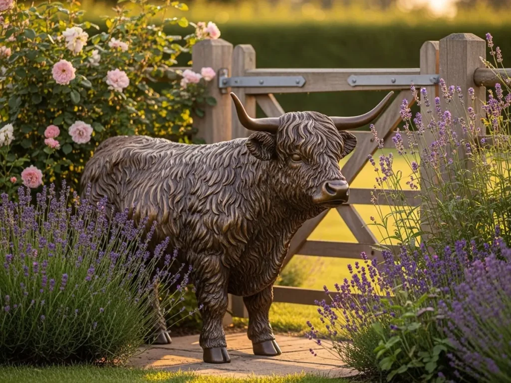 Bronze Highland cow garden statue placed beside a wooden gate surrounded by flowers in a cottagecore countryside garden setting

