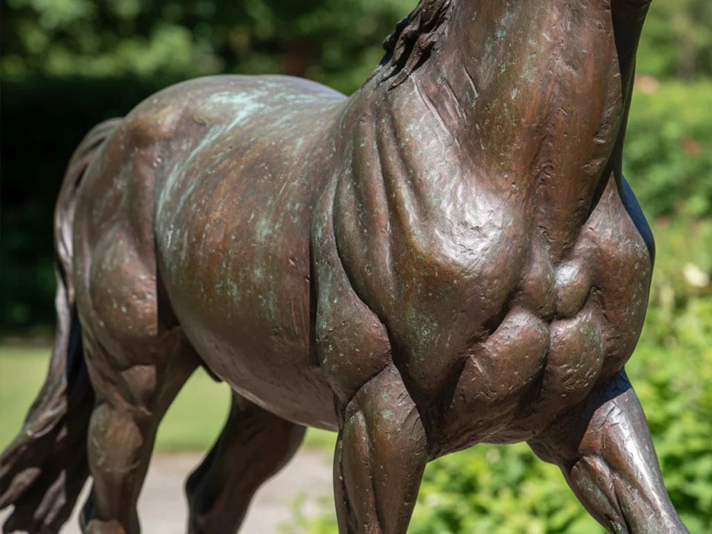Close-up of thick bronze horse casting with natural patina, highlighting detail and structural quality