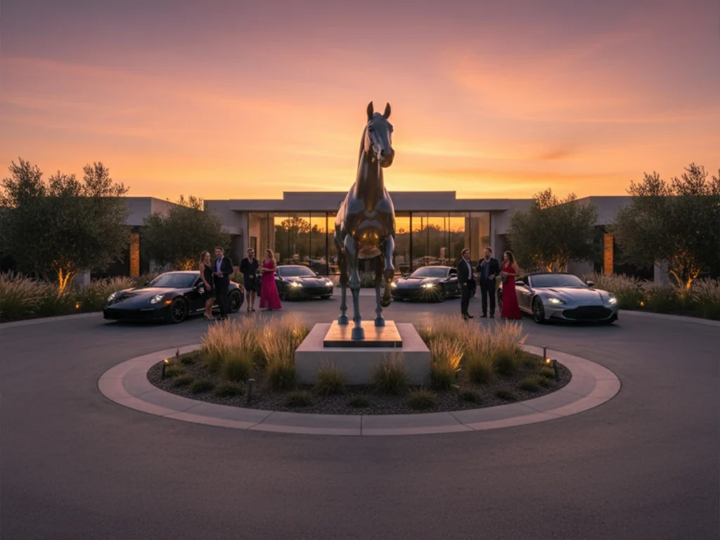 Luxury estate driveway at sunset with a life-size bronze horse sculpture in front, elegant landscaping, warm lighting, guests arriving by car, cinematic and aspirational atmosphere
