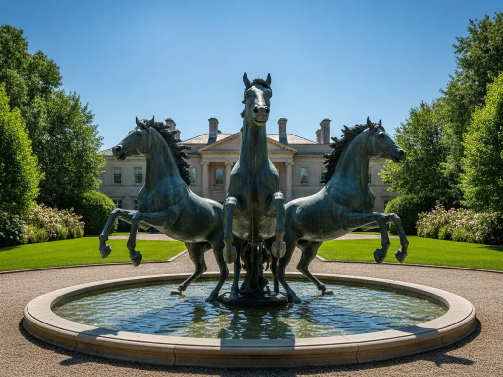 Three life-size bronze horses galloping through water in a circular driveway fountain, creating dynamic splashes at a luxury estate.