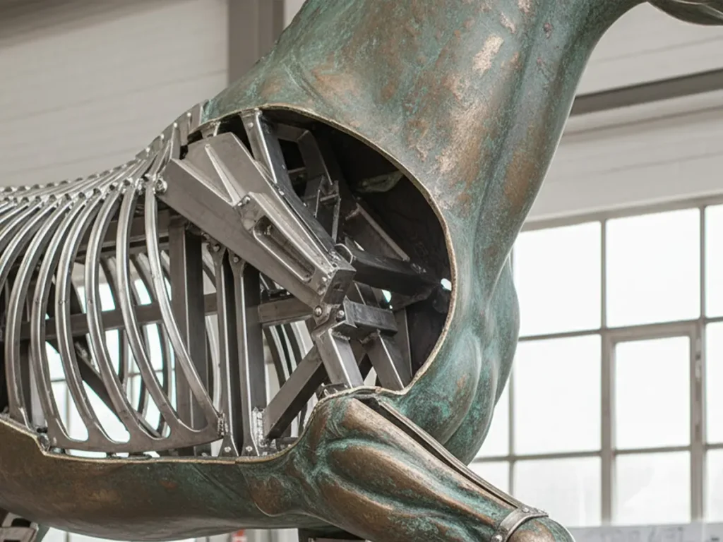 Internal 304 stainless steel armature inside a life-size bronze horse statue designed to resist wind load and structural stress.
