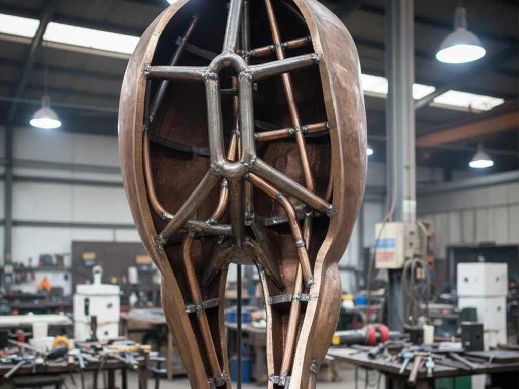 internal stainless steel armature inside bronze horse sculpture during fabrication
