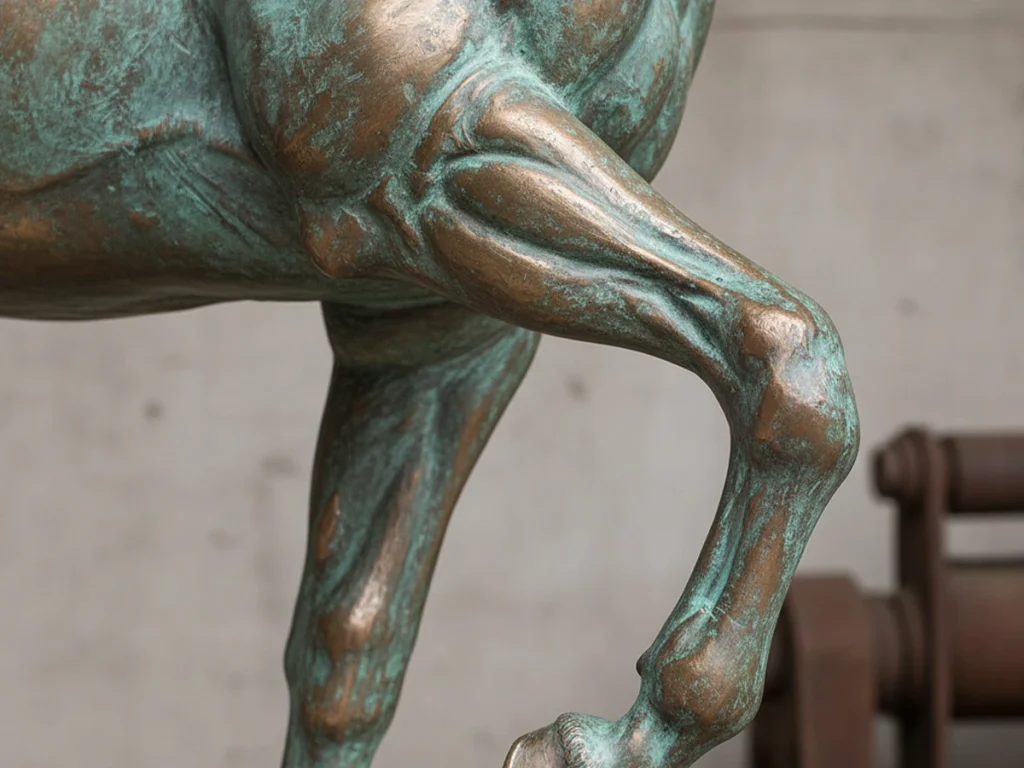Close-up detail of a bronze horse statue showing 5–8mm thick solid silicon bronze casting for outdoor durability