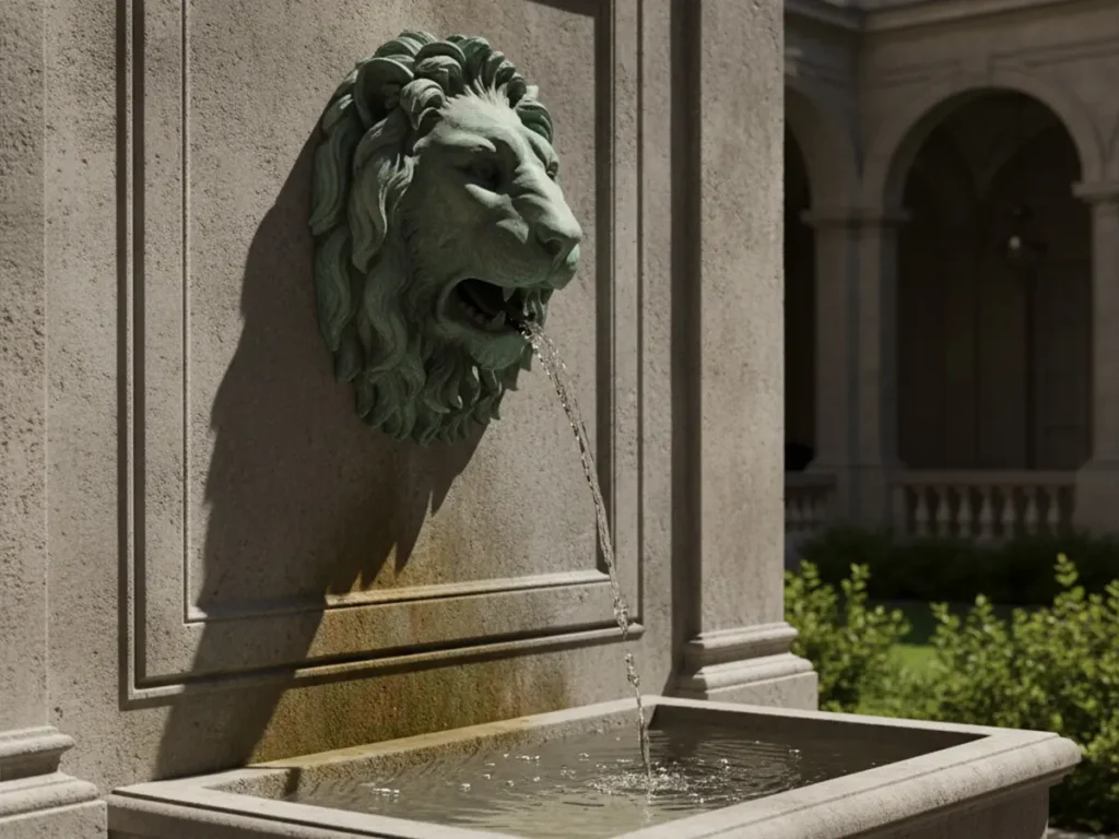 Bronze lion head mounted on a stone wall, water flowing from its mouth into a basin in a classical courtyard setting.
