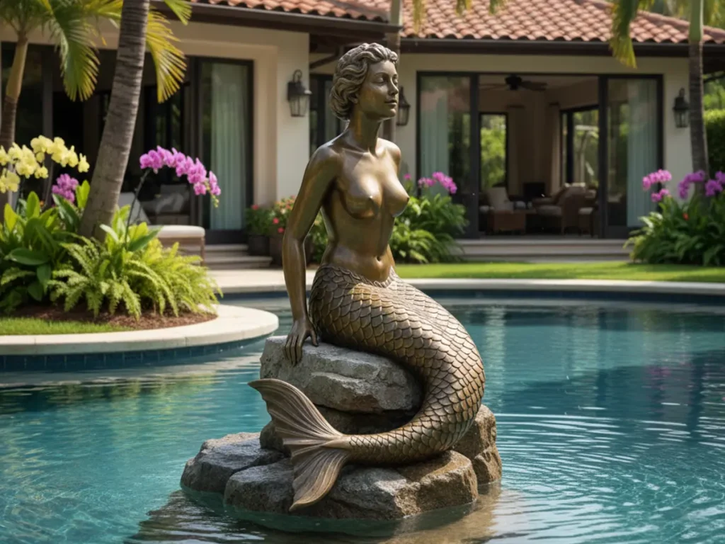 Golden bronze mermaid fountain statue sitting on rock beside luxury villa swimming pool