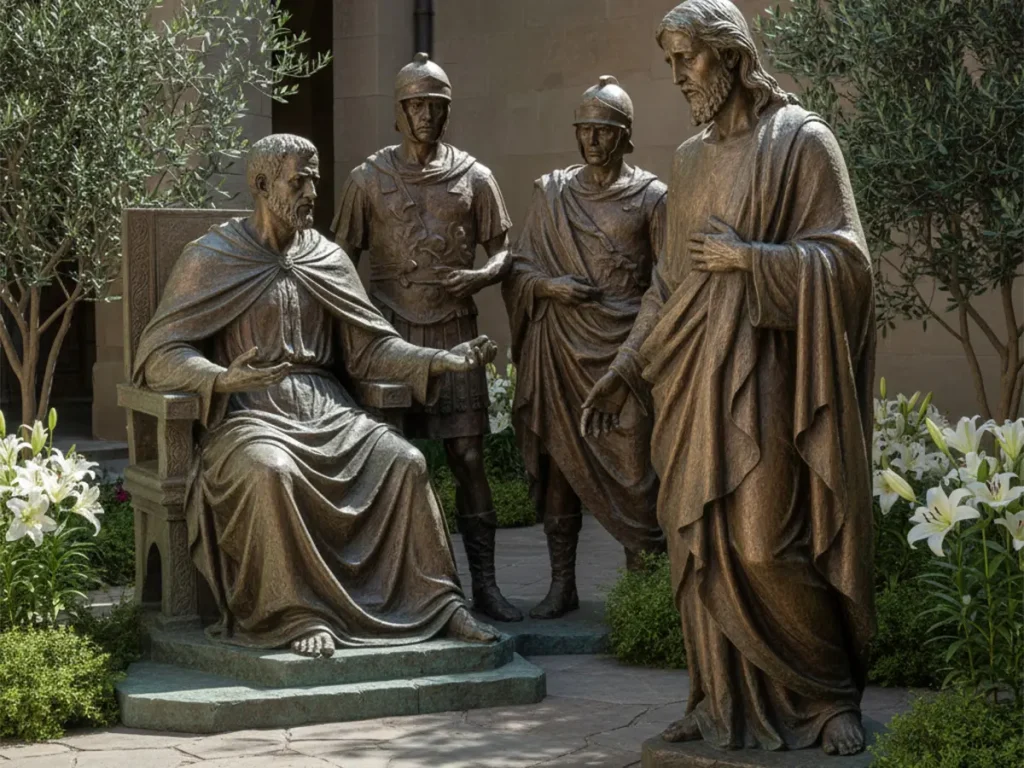 Station I Jesus is condemned to death bronze Stations of the Cross sculpture installed in an outdoor church courtyard prayer garden
