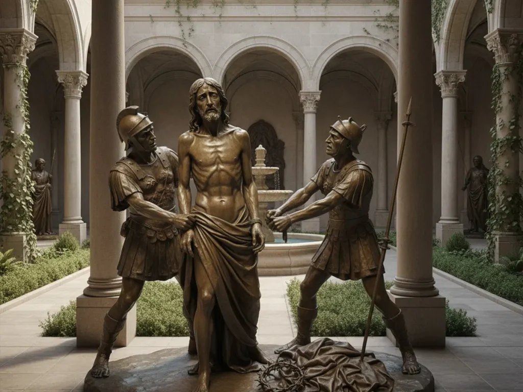 Station X Jesus is stripped of his garments bronze Stations of the Cross sculpture installed in church courtyard prayer setting
