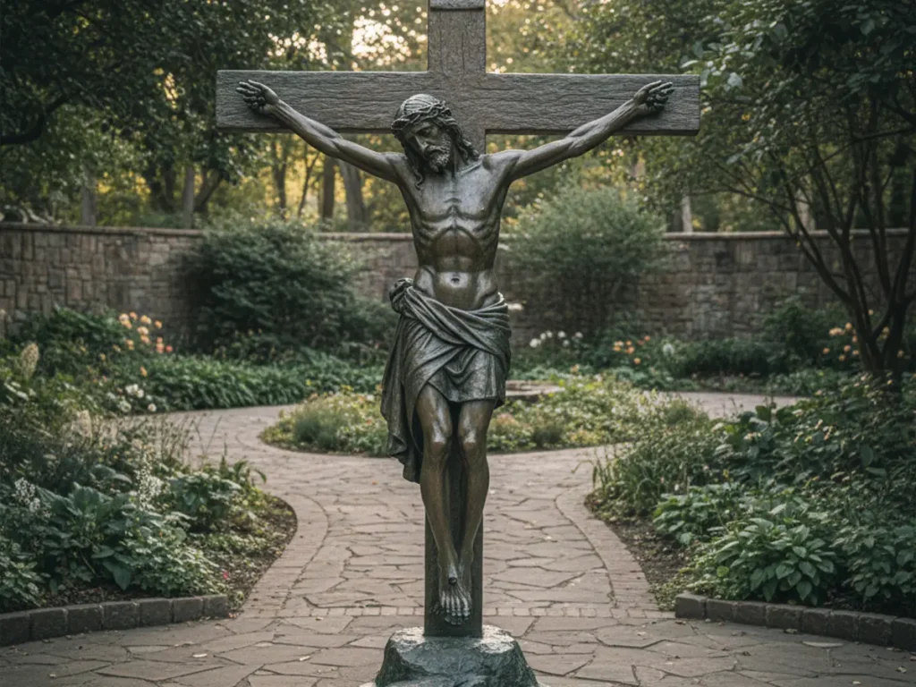 Station XII Crucifixion of Jesus bronze Stations of the Cross outdoor sculpture installed in church meditation prayer garden
