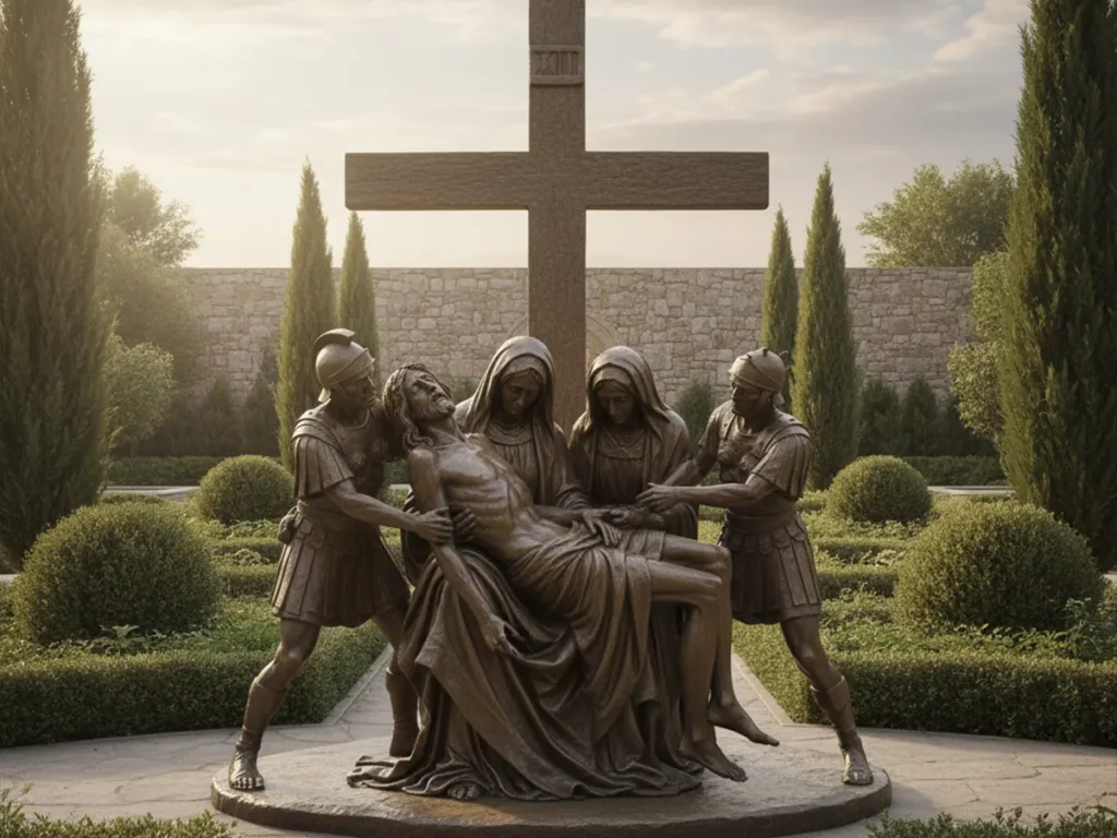 Station XIII Jesus taken down from the cross bronze Stations of the Cross multi-figure outdoor religious sculpture
