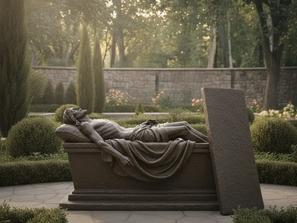 Station XIV Jesus laid in the tomb bronze Stations of the Cross sculpture installed in a church memorial prayer garden
