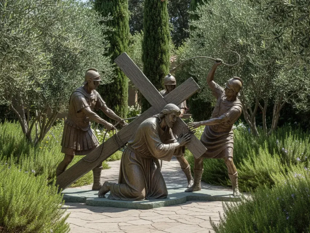 Station II Jesus carries the cross life-size bronze Stations of the Cross statue displayed along an outdoor church prayer pathway
