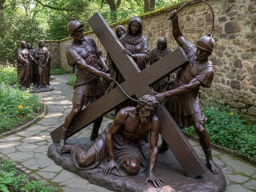 Station III Jesus falls the first time bronze Stations of the Cross sculpture installed along a monastery prayer walking trail

