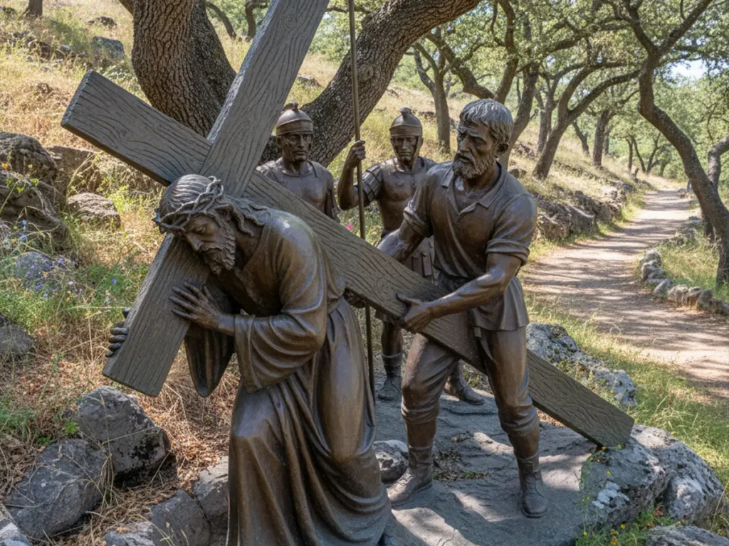 Station V Simon of Cyrene helps Jesus carry the cross bronze Stations of the Cross outdoor religious sculpture set

