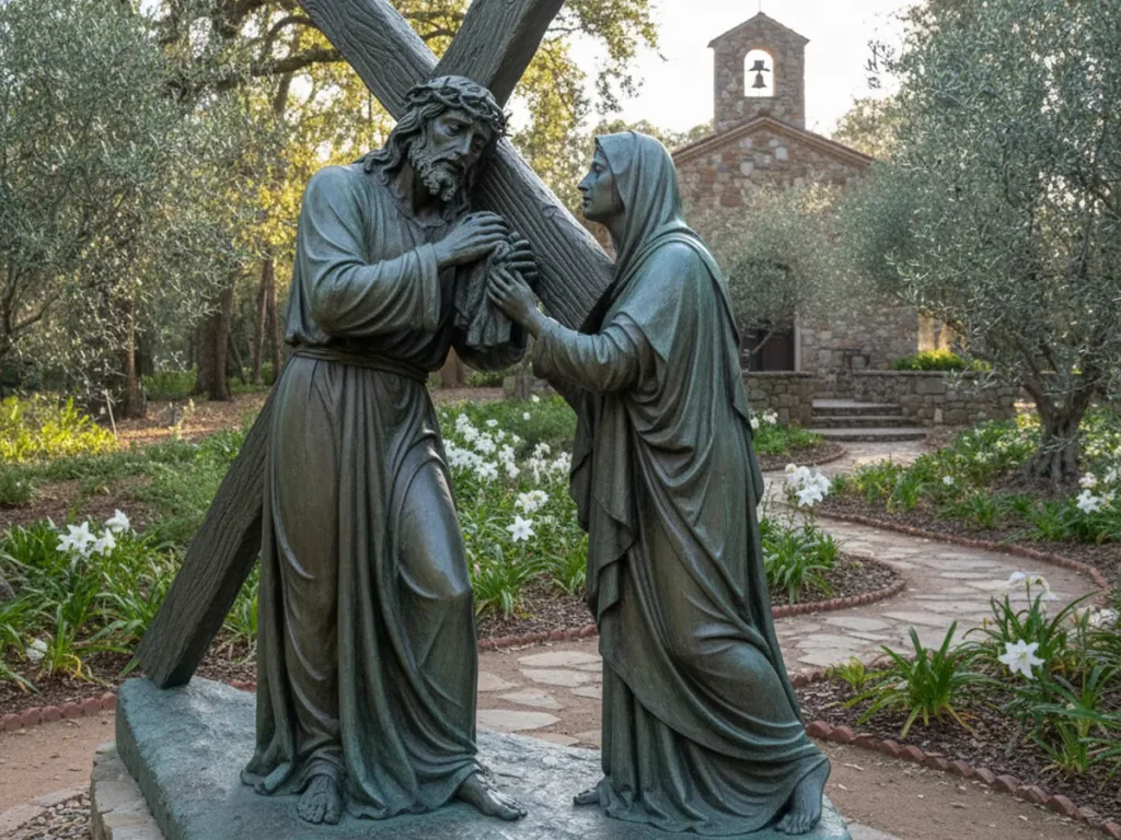 Station VI Veronica wipes the face of Jesus bronze Stations of the Cross devotional sculpture installed in church meditation garden

