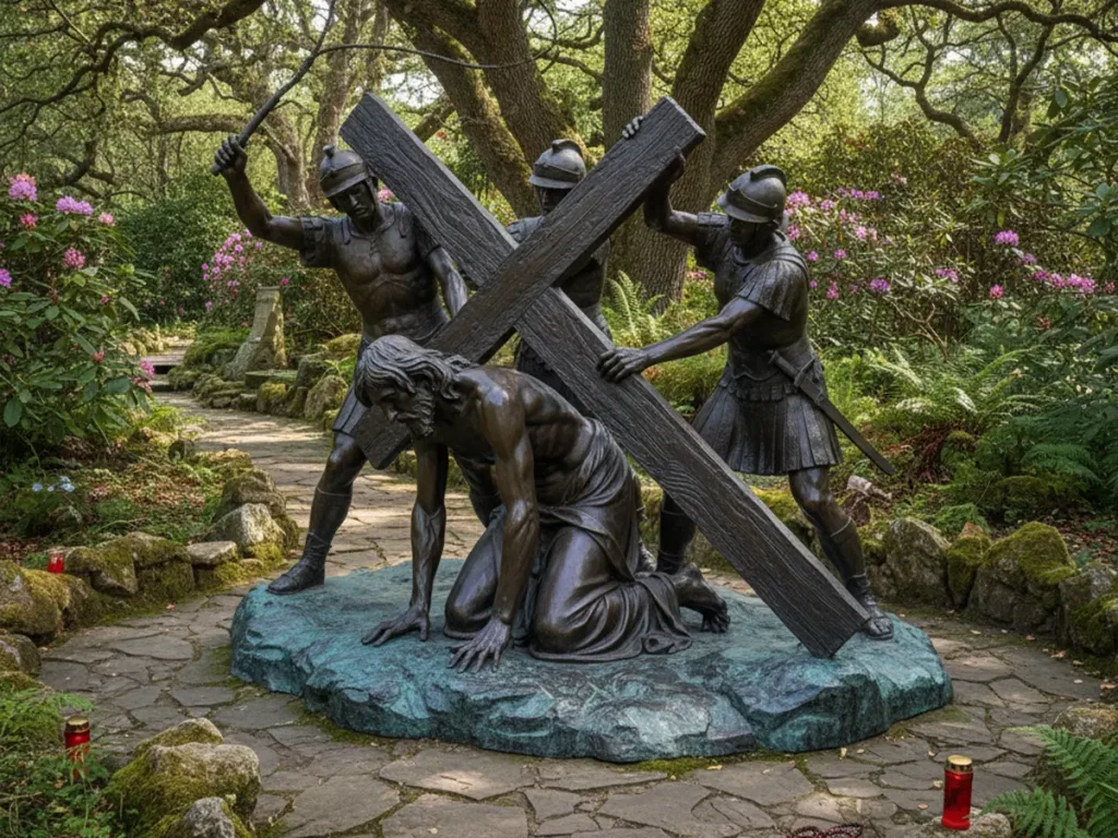 Station VII Jesus falls the second time bronze Stations of the Cross outdoor statue placed along a church pilgrimage pathway
