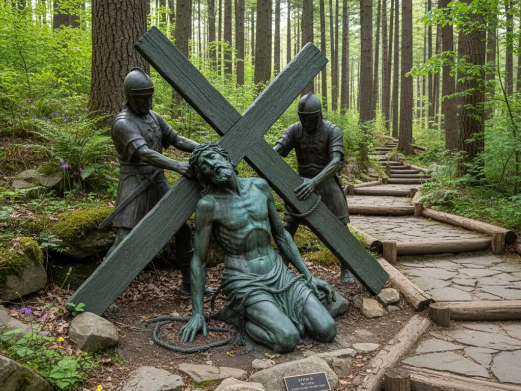 Station IX Jesus falls the third time bronze Stations of the Cross outdoor religious statue displayed along a forest prayer trail
