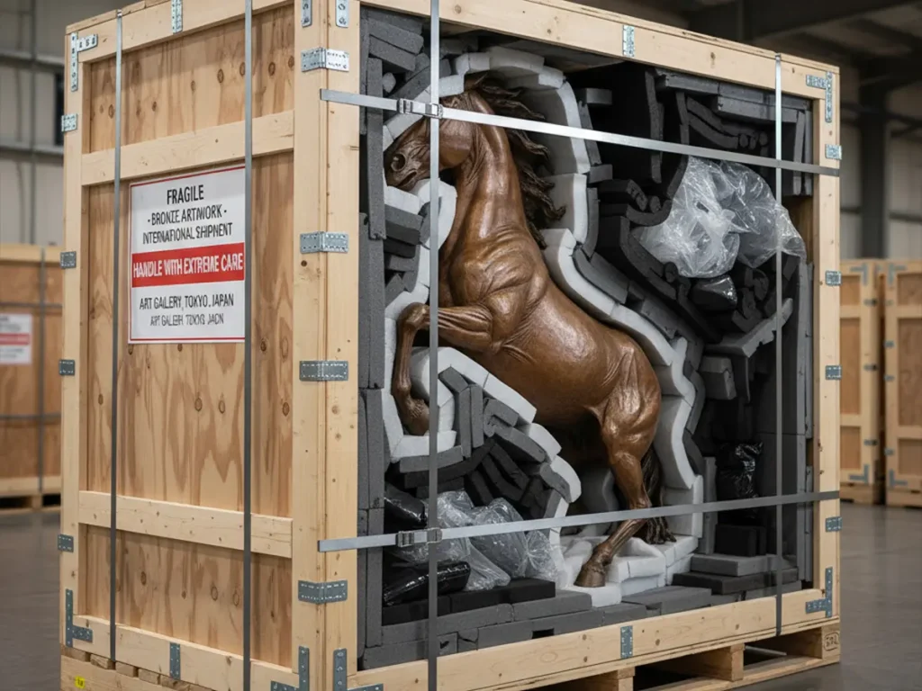 Export-grade wooden crate with foam bedding protecting a bronze horse statue
