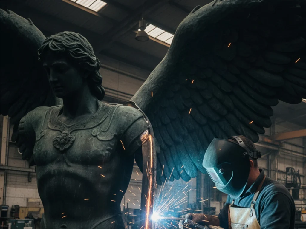 bronze statue welding assembly process during monumental sculpture fabrication