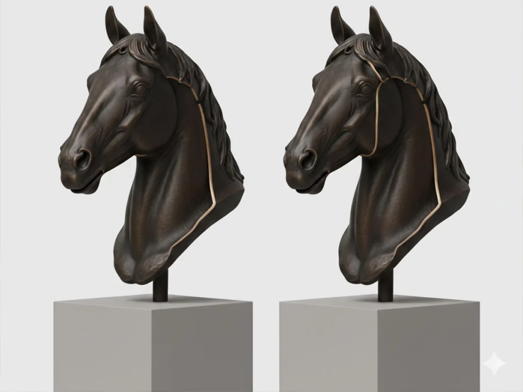 Cross-section showing difference between thick professional bronze and thin market bronze, highlighting durability