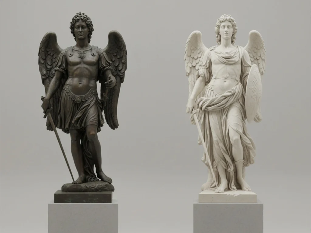 comparison between bronze and marble St Michael statues materials and finish