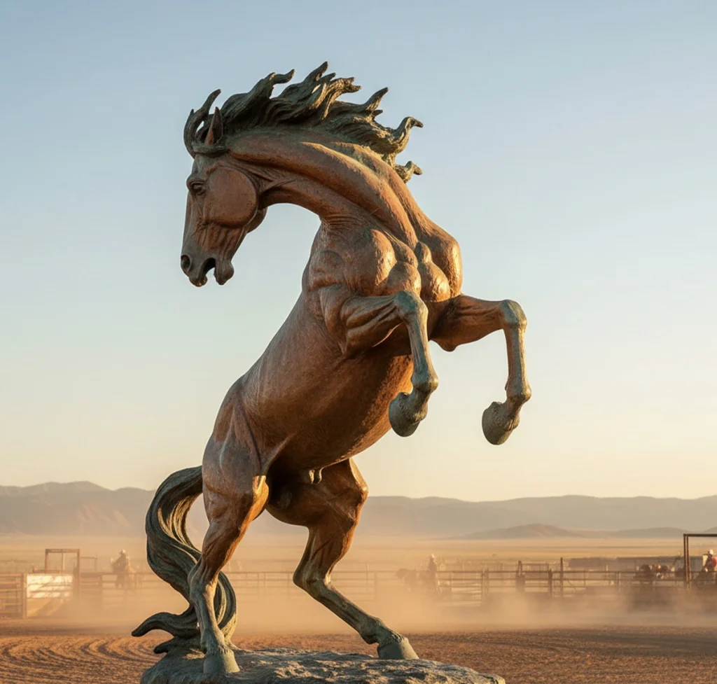 Bucking horse bronze statue showing dynamic motion and muscular detail