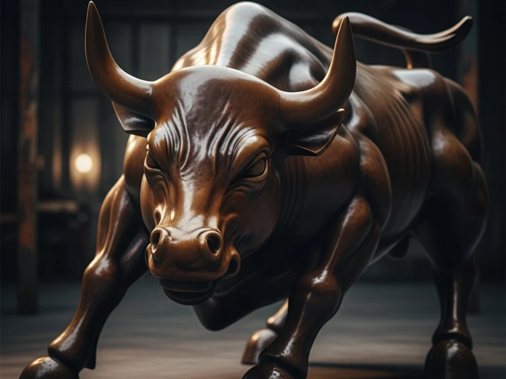 Bronze Wall Street Bull sculpture showing detailed striated muscles and tendons in a dynamic charging posture.