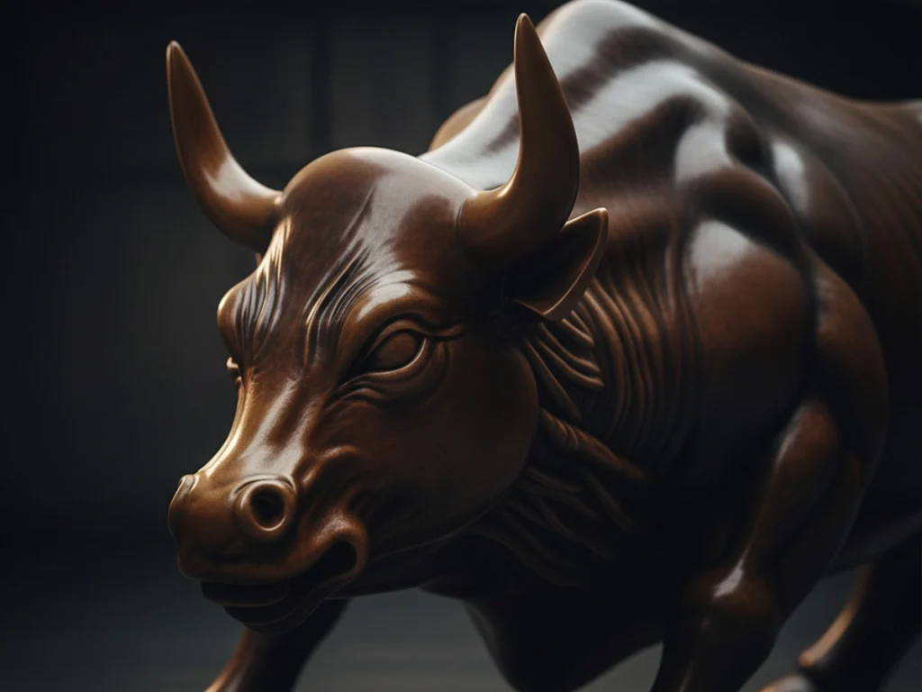 Bronze bull sculpture with twisted neck, visible skin folds, and muscle tension.