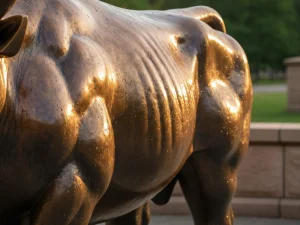 Close-up of bronze bull sculpture showing rich golden-brown thermal patina and surface depth.