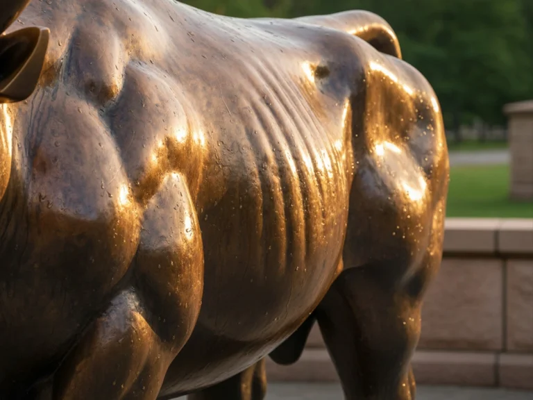 Close-up of bronze bull sculpture showing rich golden-brown thermal patina and surface depth.
