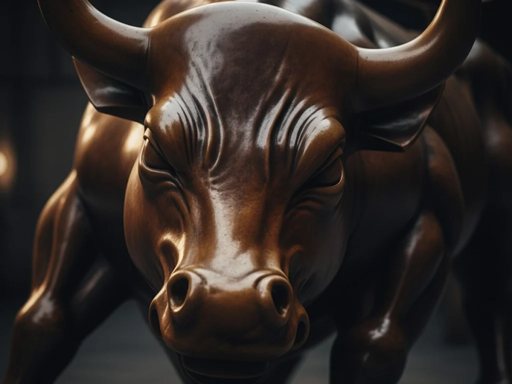 Close-up of a bronze bull sculpture with intense predator gaze and lowered brow.