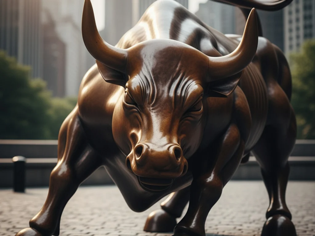Bronze bull sculpture with tail lifted mid-air, showing dynamic motion and energy.
