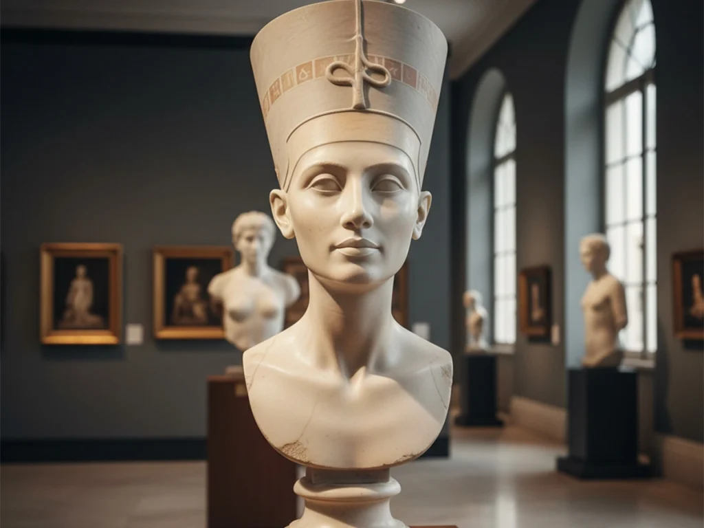 Marble bust sculpture of Queen Nefertiti with iconic Egyptian royal crown