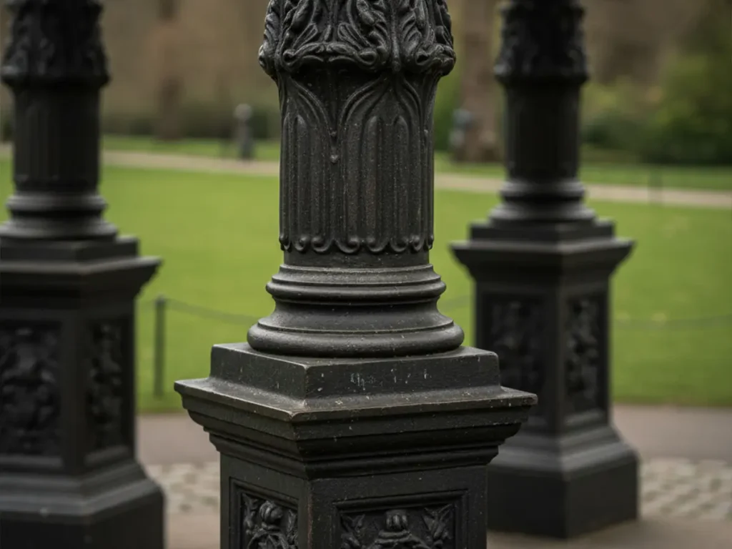 Detailed view of cast iron gazebo column featuring deep floral relief and heavy-duty structural base.