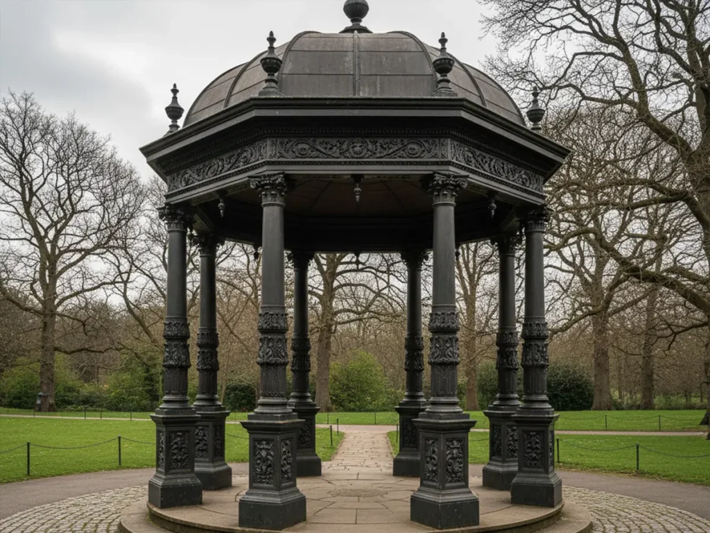 Black cast iron gazebo with ornate dome roof in Victorian public park