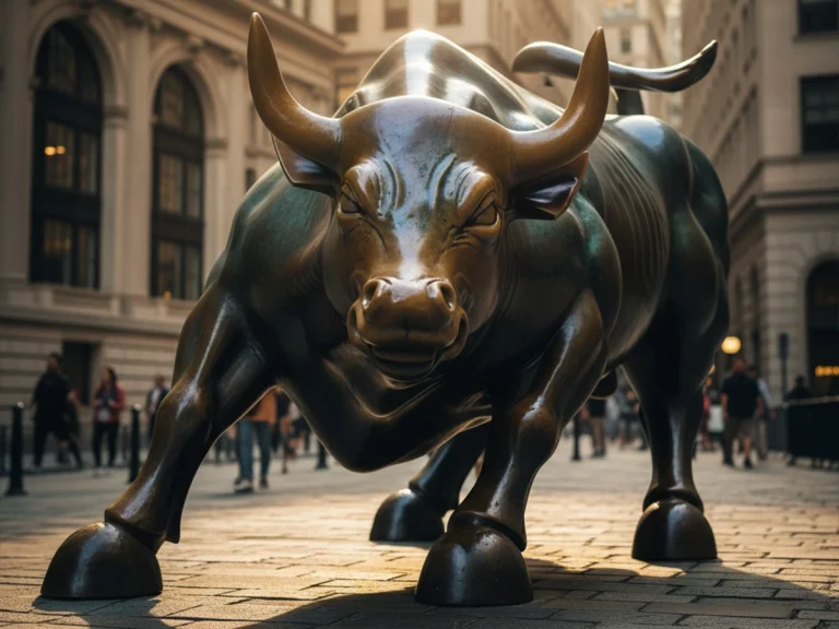 Century-old bronze charging bull sculpture with natural aged patina demonstrating long-term durability and legacy corporate art investment value