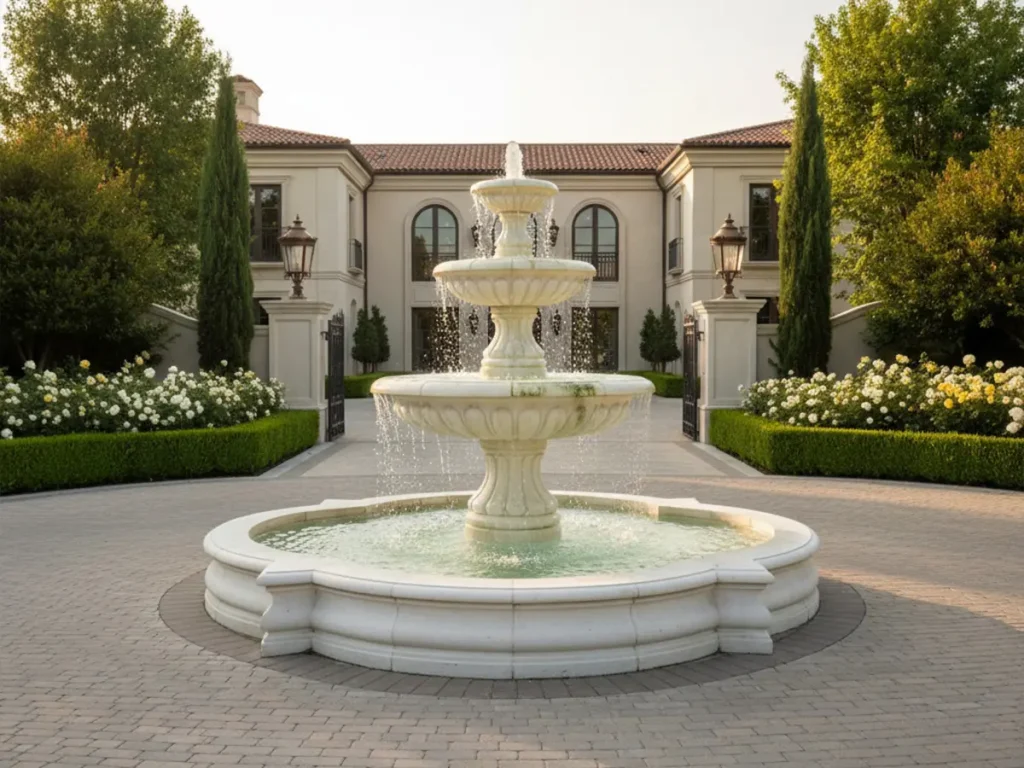 3-tier white marble fountain centered in a luxury estate circular driveway
