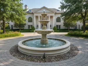 Circular driveway feng shui water fountain centered in front of luxury estate symbolizing balanced prosperity