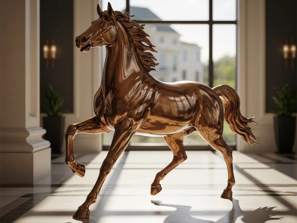 Classical galloping bronze horse statue in luxurious interior hall