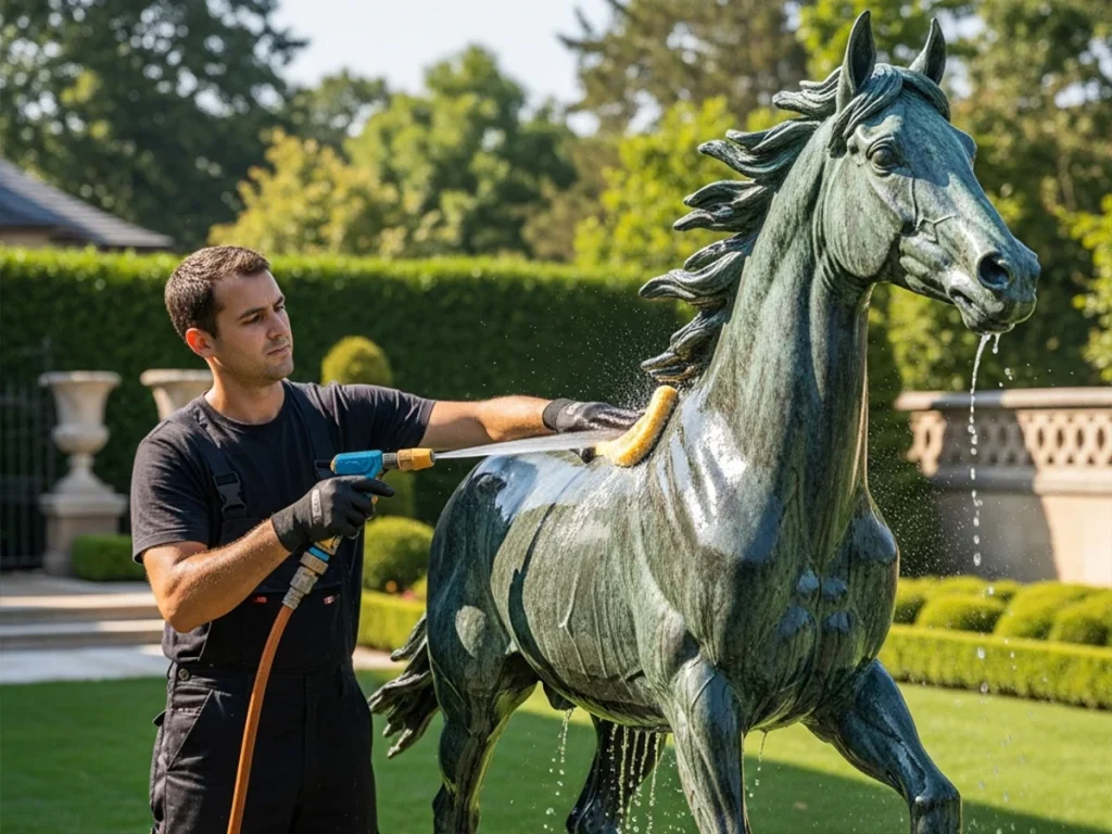 technician gently cleaning outdoor bronze horse statue using soft sponge and water
