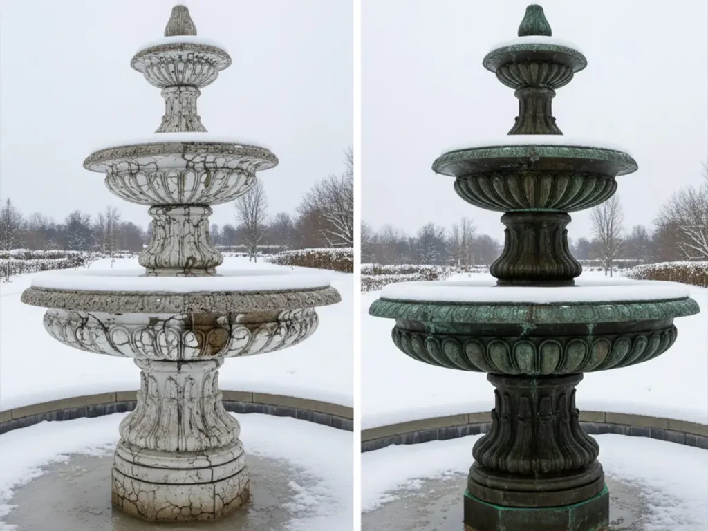Concrete fountain with spiderweb cracking from freeze-thaw damage compared to intact bronze fountain with protective patina.