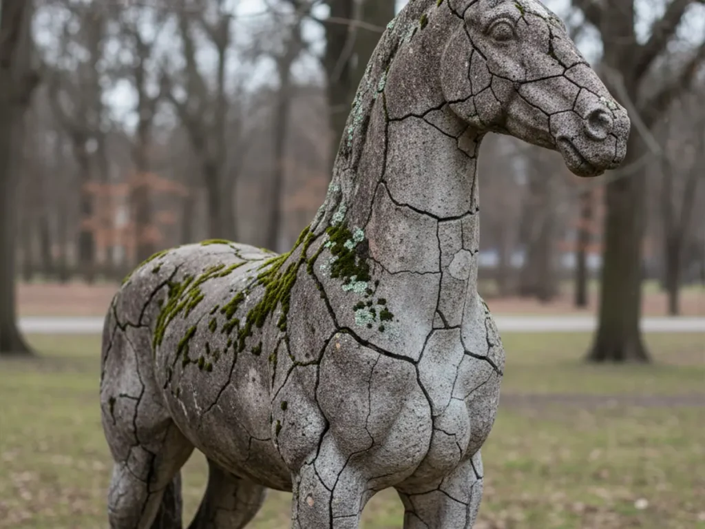Outdoor concrete horse statue showing surface cracks caused by weather and freeze-thaw cycles