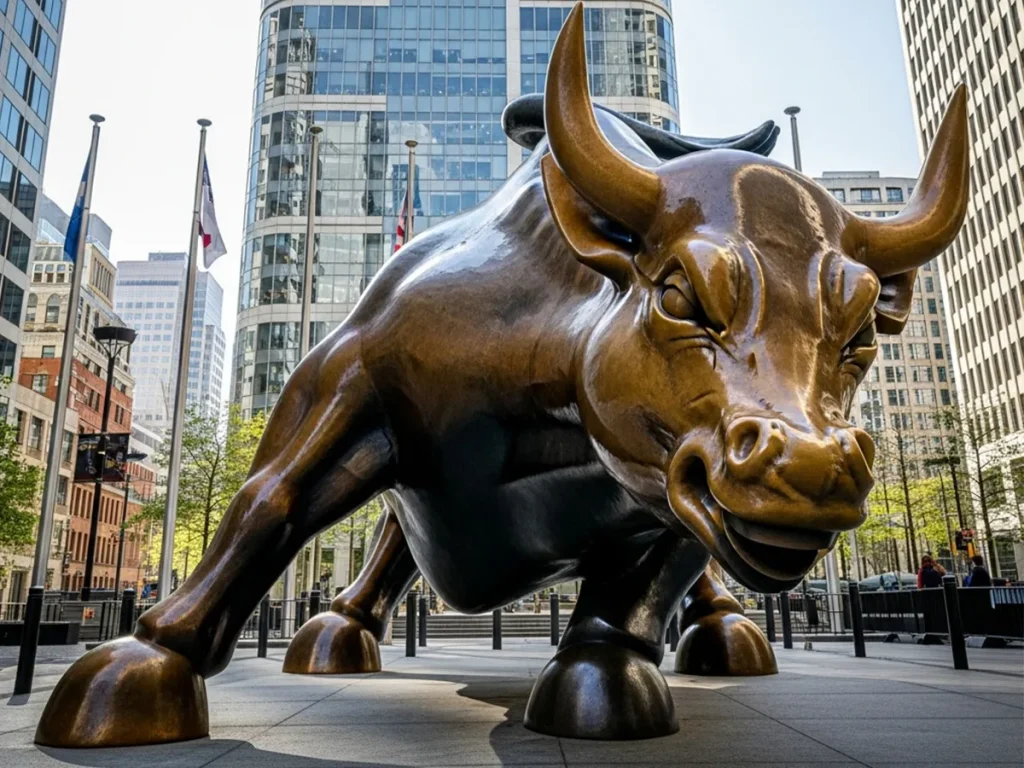 Monumental bronze charging bull statue displayed in front of modern corporate headquarters symbolizing financial strength and corporate market confidence