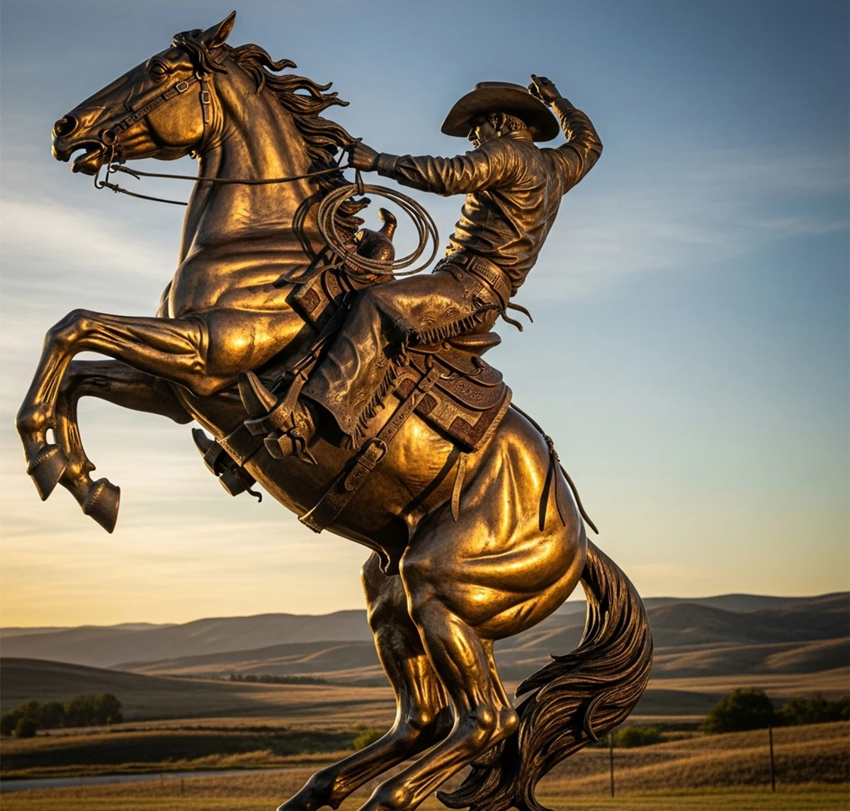 Bronze cowboy on rearing horse with dynamic motion and detailed Western saddle