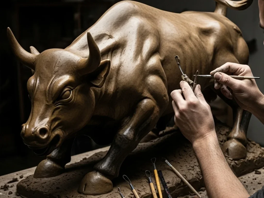 Professional sculptor creating life-size clay model of custom bronze charging bull sculpture showing detailed muscle anatomy and artistic craftsmanship