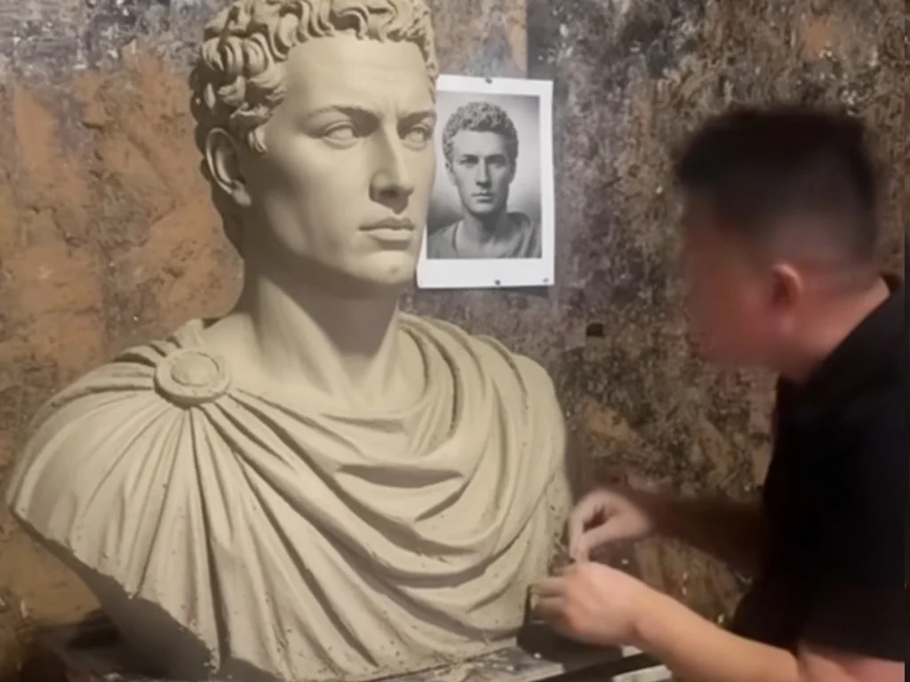 Artist sculpting custom portrait bust clay model based on client reference photos

