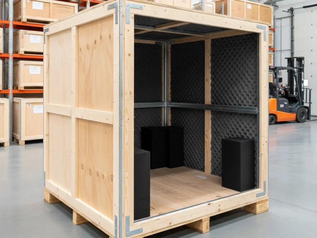 solid wood export crate with protective foam prepared for shipping large horse sculpture
